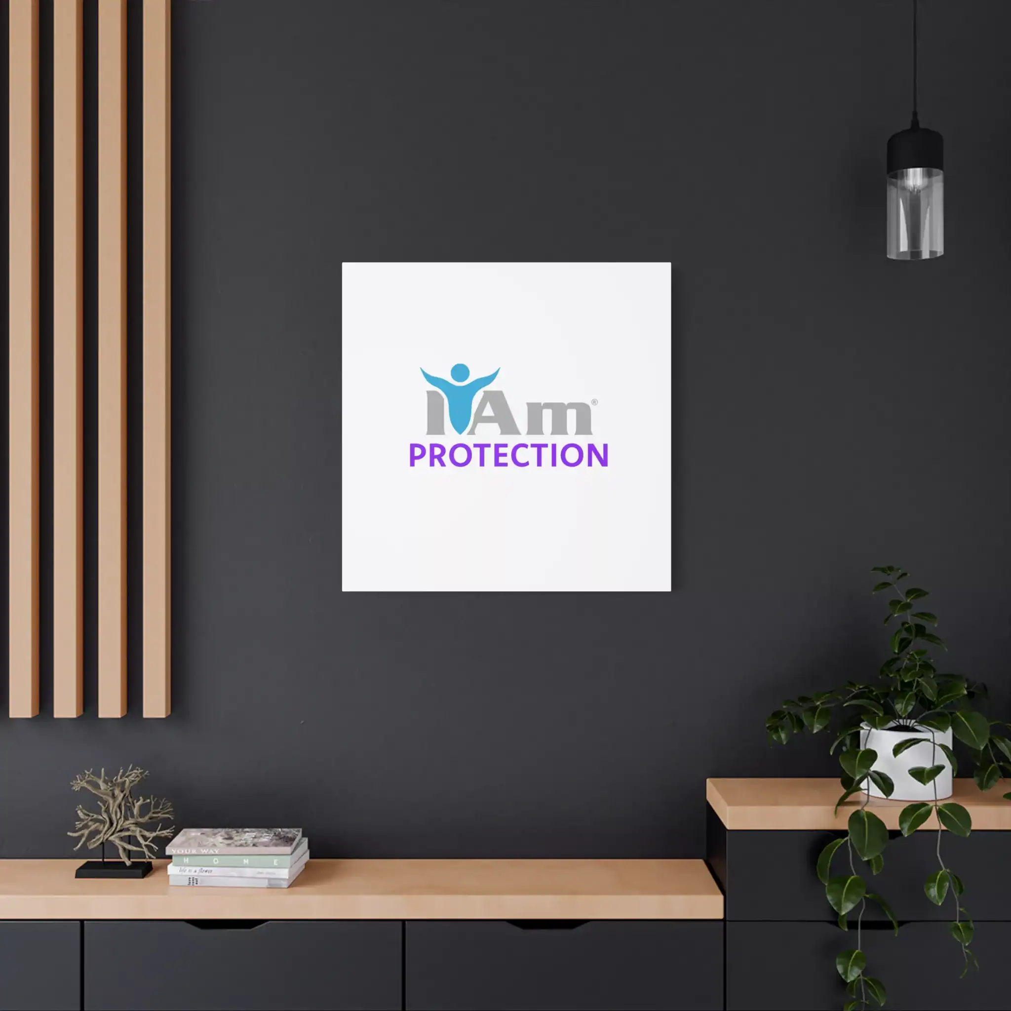 791213493080376686_2048.webp Inspirational wall art with 'I Am Protection' message on a dark wall.