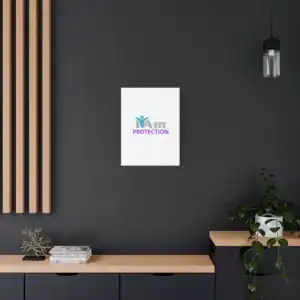 Protection-themed wall art with logo on dark gray wall in modern interior.
