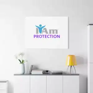Inspirational wall art with 'I Am Protection' message on a white wall.