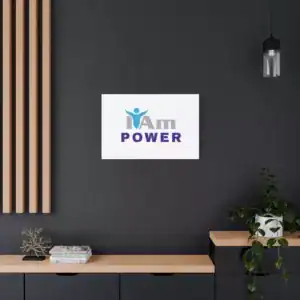 Inspirational wall art with 'I Am Power' message on a dark wall.