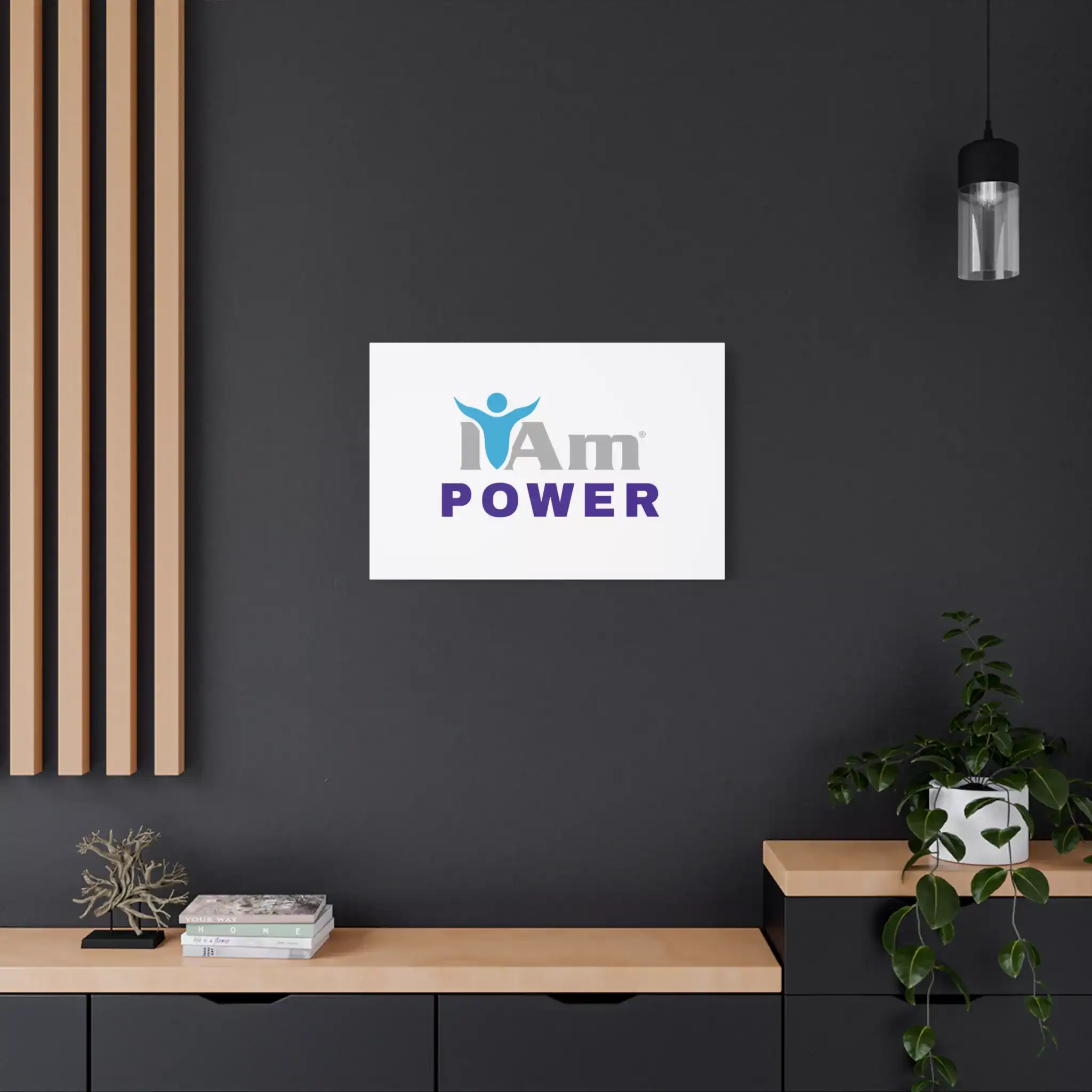 9103268228897254242_2048.webp Inspirational wall art with 'I Am Power' message on a dark wall.