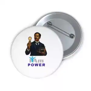 Empowerment badge with a vintage inventor holding a light bulb and a small machine.