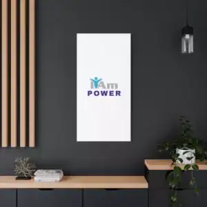 Inspirational wall art with 'I Am Power' message on a modern dark wall.