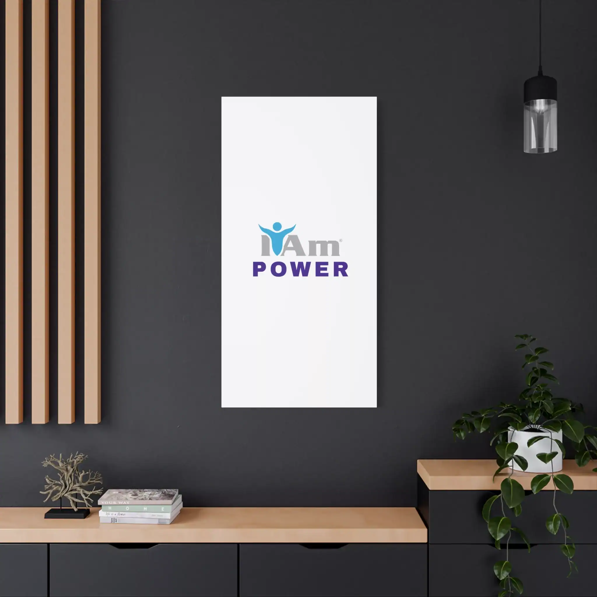 9287358137100930478_2048.webp Inspirational wall art with 'I Am Power' message on a modern dark wall.