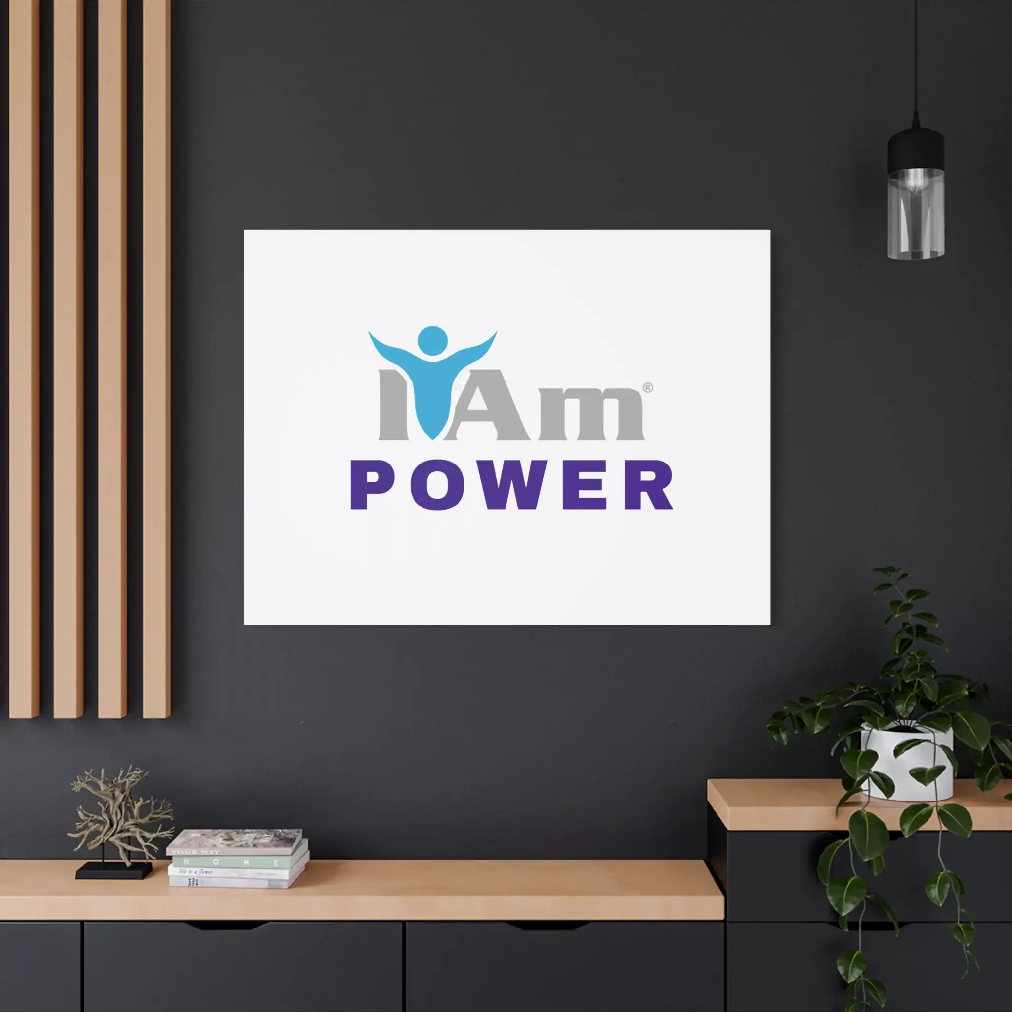 9296858938671734150_2048.webp Inspirational wall art with 'I Am Power' message on a modern dark wall.