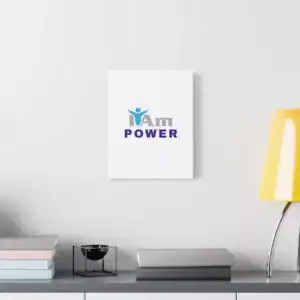 Inspirational wall art with the phrase 'I Am Power' on a white canvas.