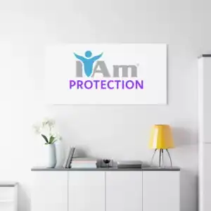 Inspirational wall art with 'I Am Protection' message on a white wall.