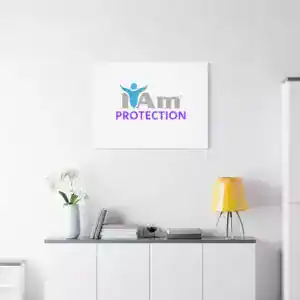 I Am Protection logo on a white wall with modern decor.