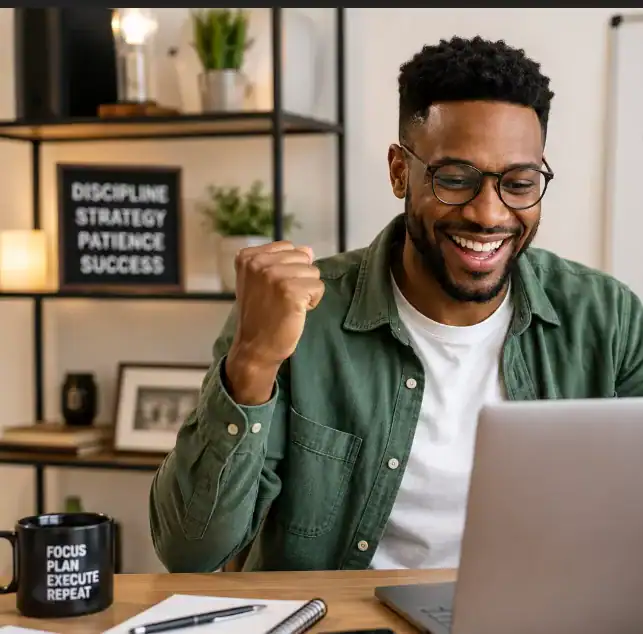 Happy man celebrating success on laptop in workspace.