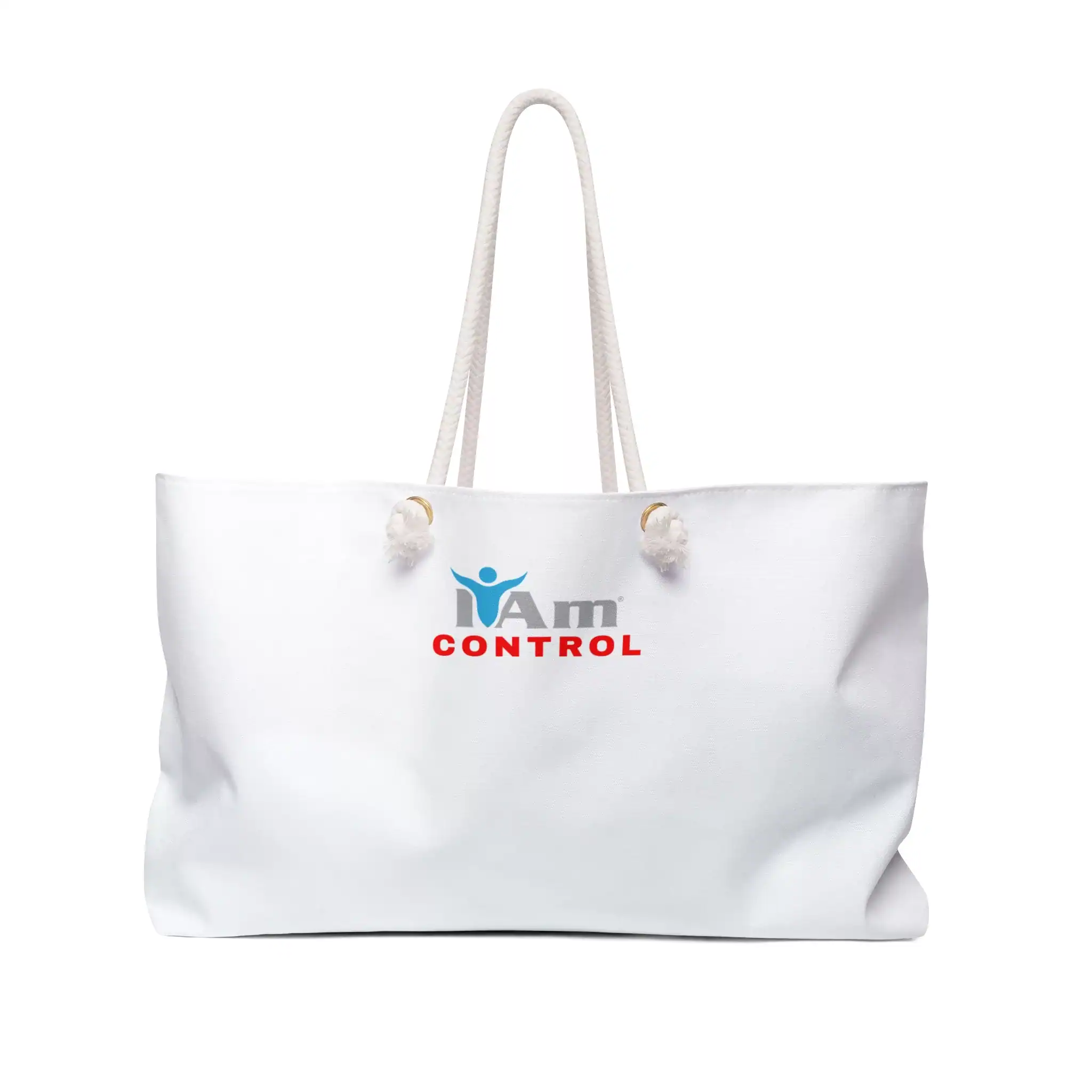 White canvas tote bag with 'I Am Control' logo and handles for travel or shopping.