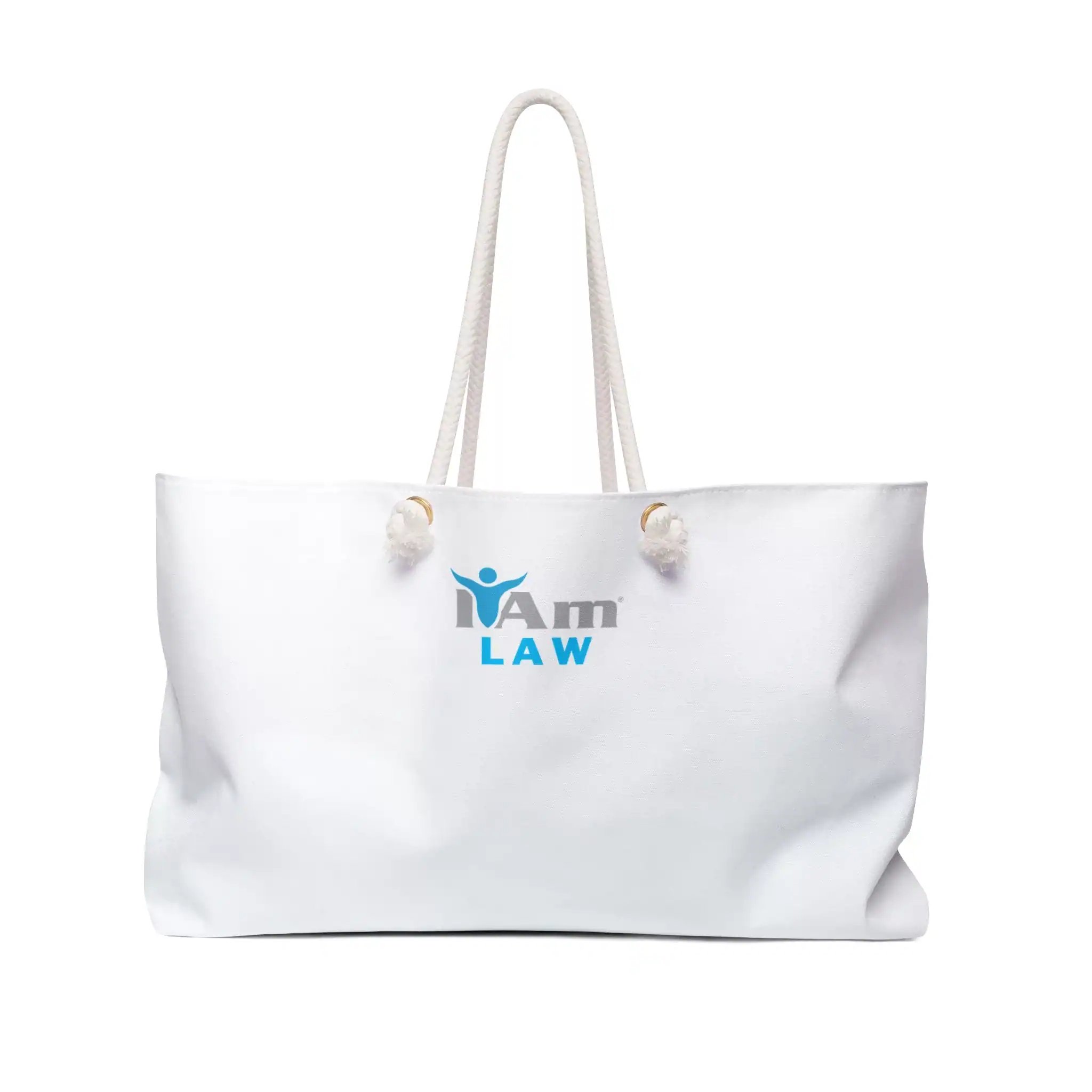 White canvas tote bag with 'I Am Law' logo for travel and shopping.