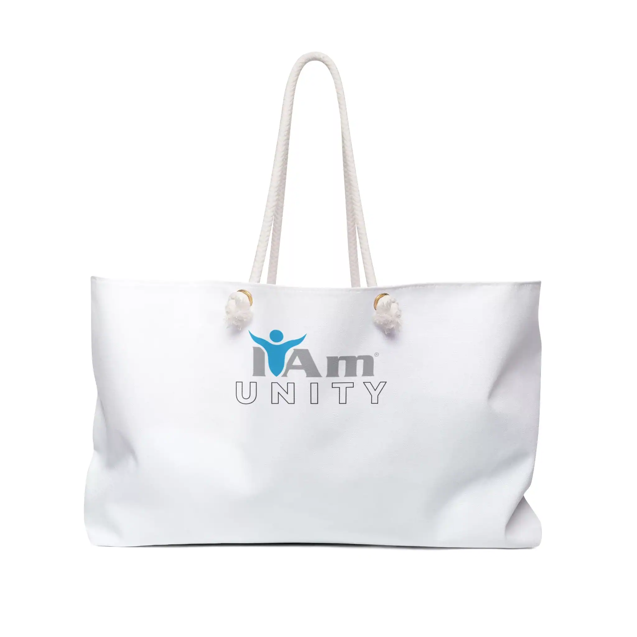 White canvas tote bag with 'I Am Unity' logo and handles for travel or daily use.