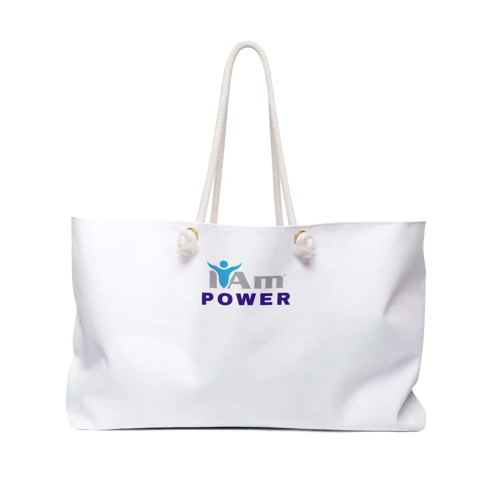11210320652628312357_2048.webp White canvas tote bag with 'I Am Power' logo and handles for travel or daily use.
