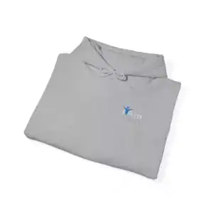 Light gray hoodie with small blue logo and drawstring collar.