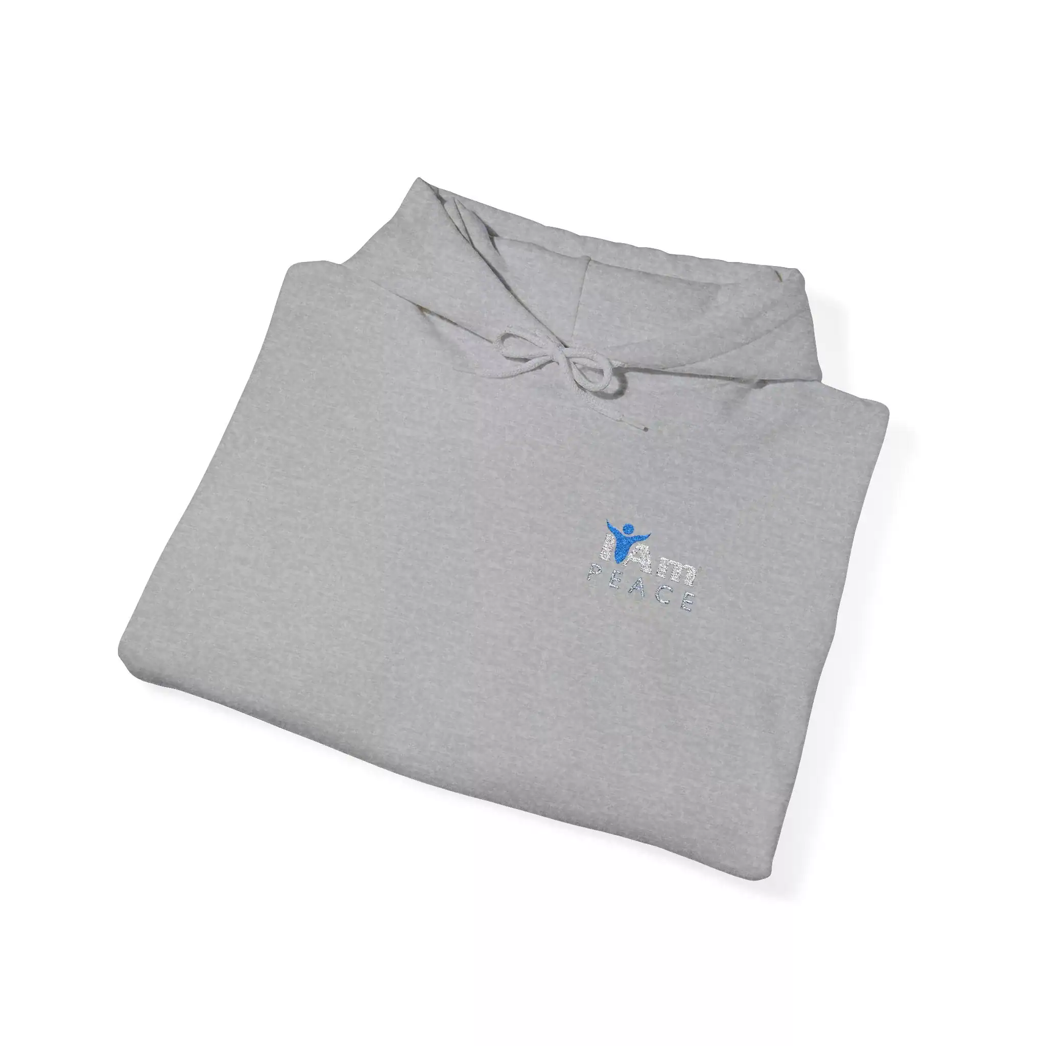 11457032997135937495_2048.webp Light gray hoodie with small blue logo and drawstring collar.