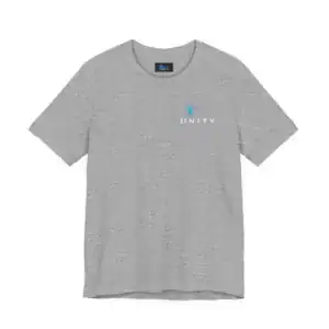 Gray 'I Am Unity' graphic tee with blue logo and text.