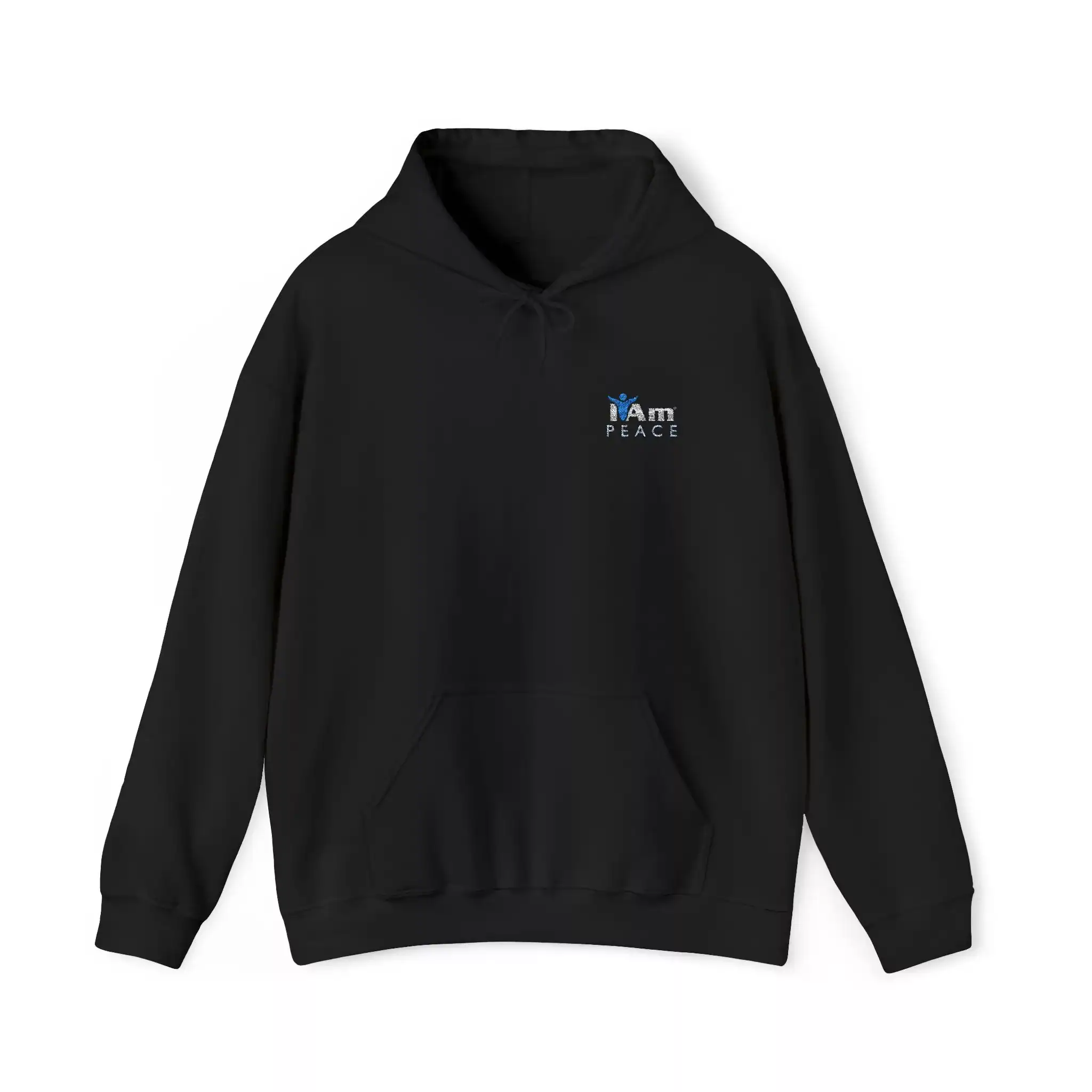 13036442212065551913_2048.webp Black hoodie with 'I Am Peace' embroidery on chest, casual style.