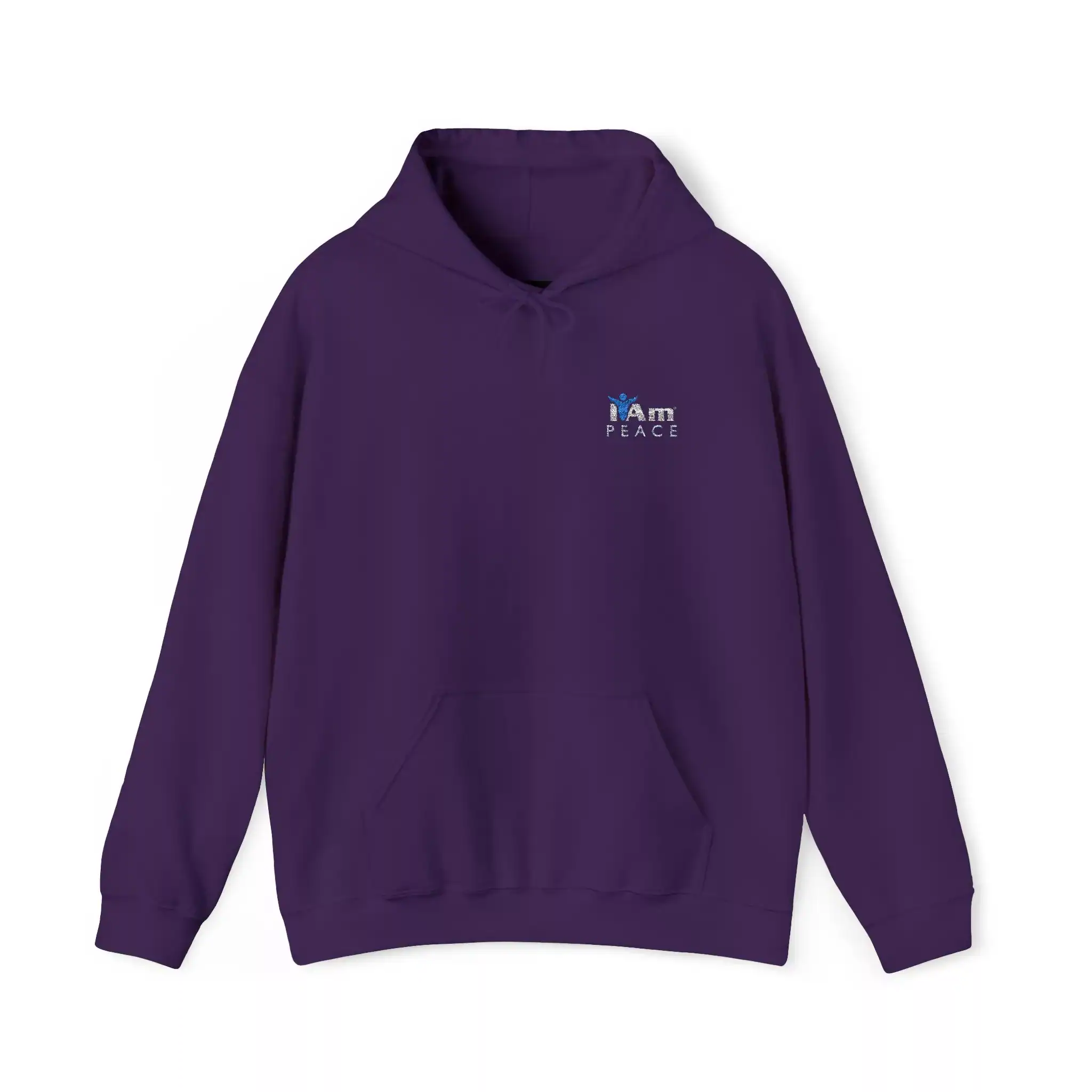 13046083526413321578_2048.webp Purple hoodie with 'I Am Peace' embroidery on front, casual style.