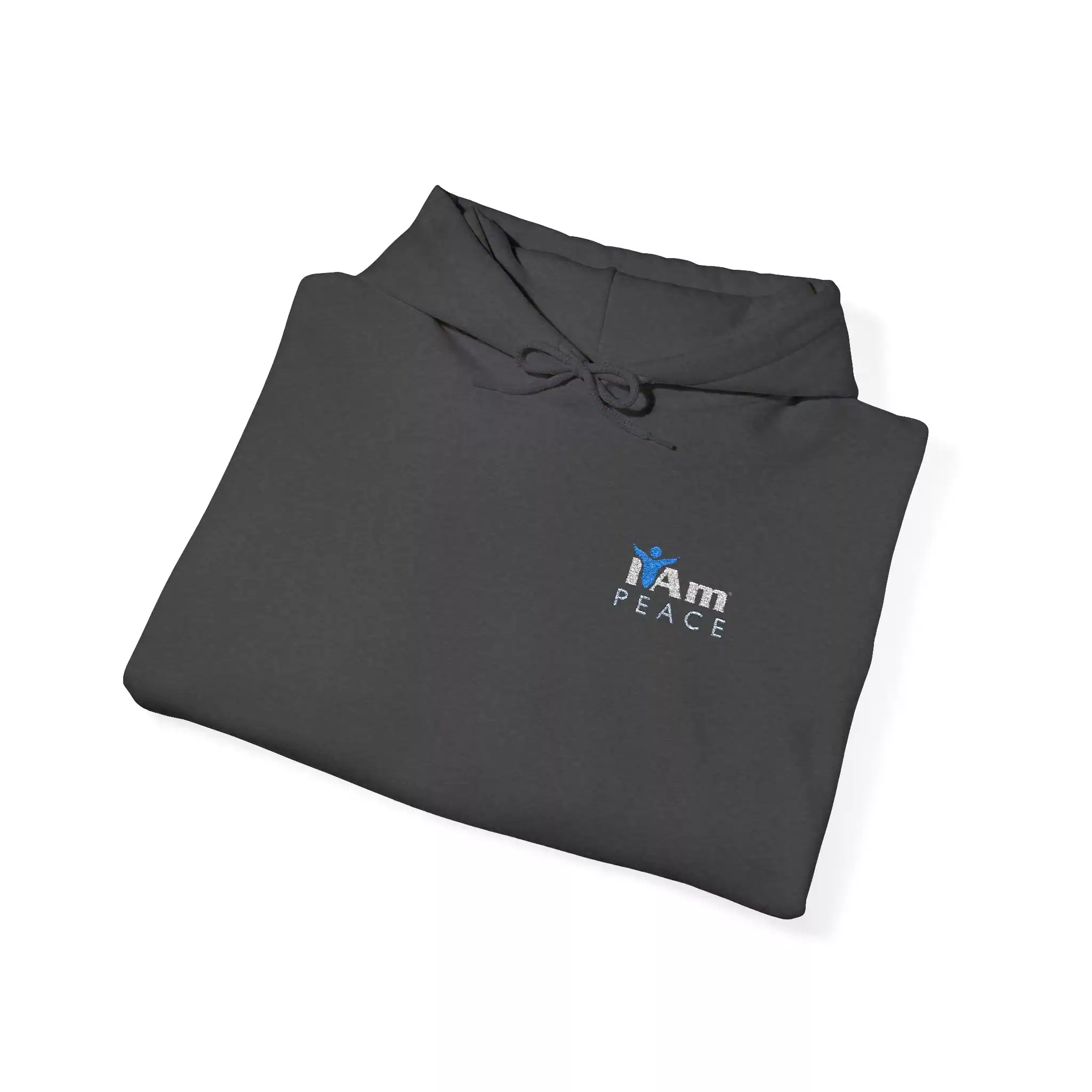 15246326168710762834_2048.webp Dark hoodie with 'I Am Peace' embroidery and drawstring hood.