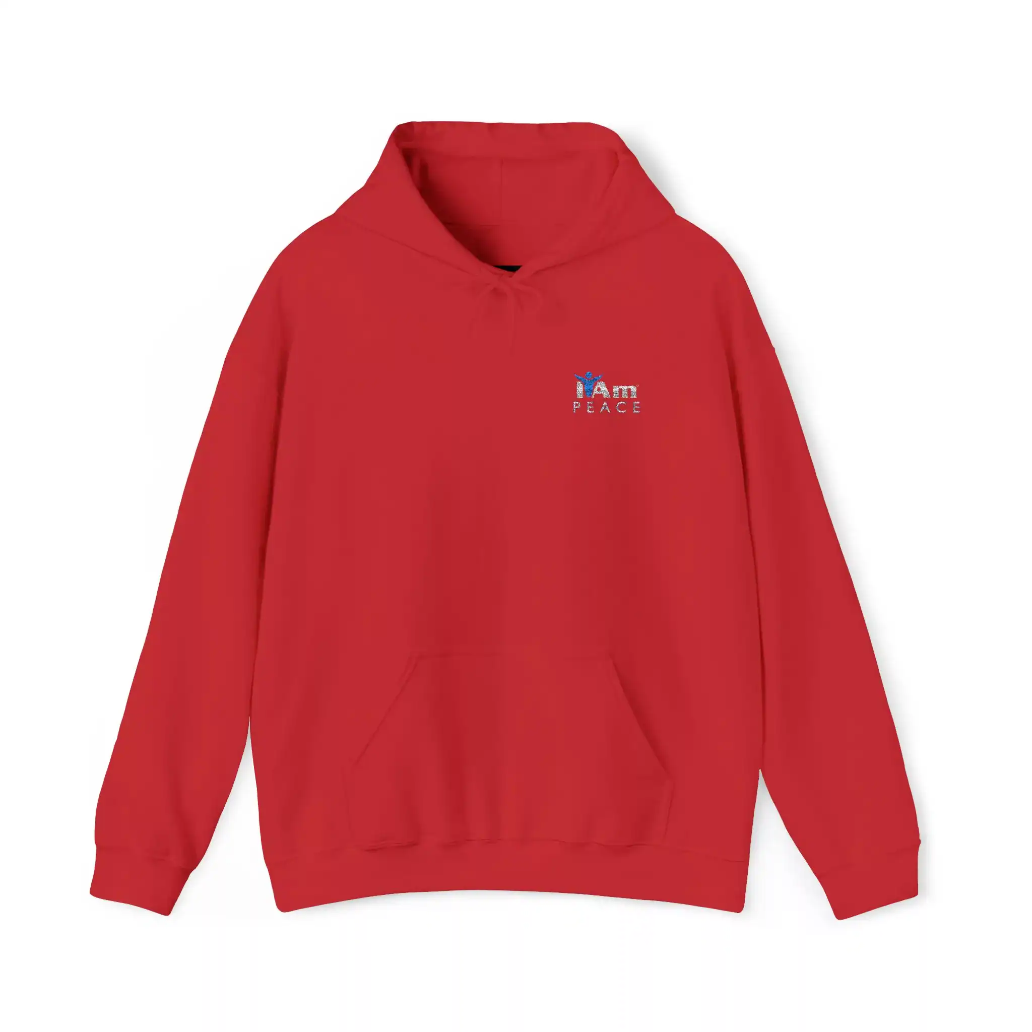 1591979318478381611_2048.webp Red hoodie with 'I am PEACE' embroidery on front, casual style.
