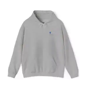 Light gray hoodie with small embroidered logo on chest, front view.