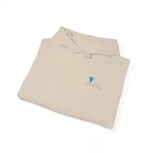 Cream-colored hoodie with 'I Am Peace' logo and embroidery detail.