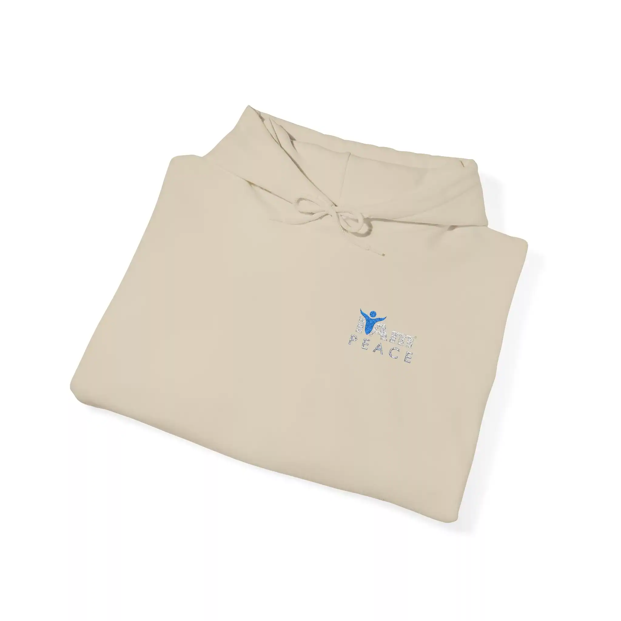 17526186541476377011_2048.webp Cream-colored hoodie with 'I Am Peace' logo and embroidery detail.