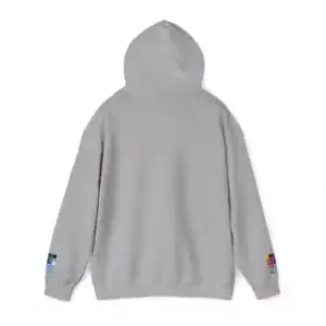 Gray hoodie with colorful pixel art on sleeves, front view.