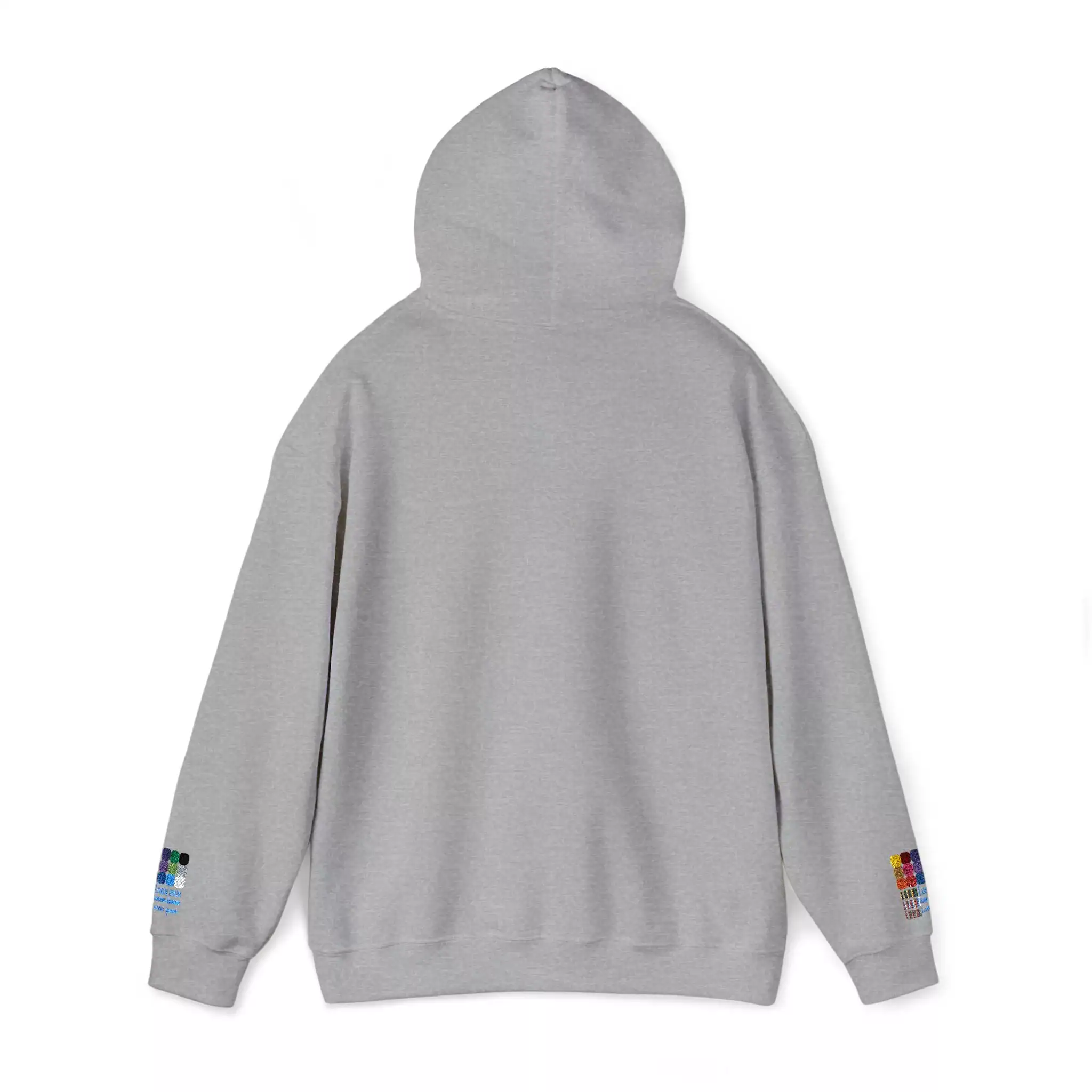 2230433237073549430_2048.webp Gray hoodie with colorful pixel art on sleeves, front view.