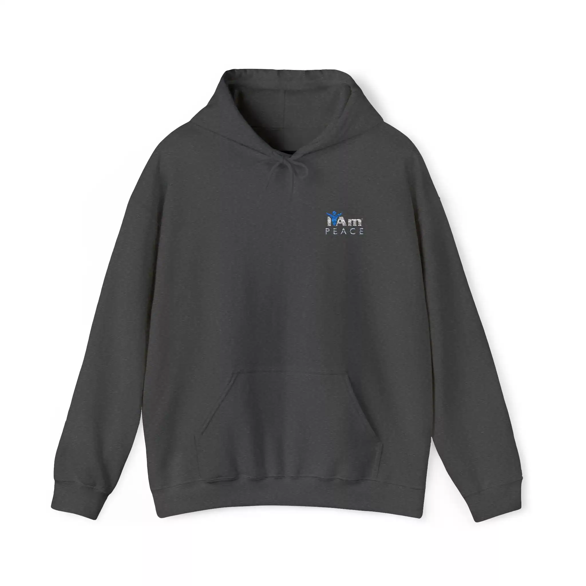 2281457283922650695_2048.webp Dark hoodie with 'I Am Peace' embroidery on chest, casual and comfortable.