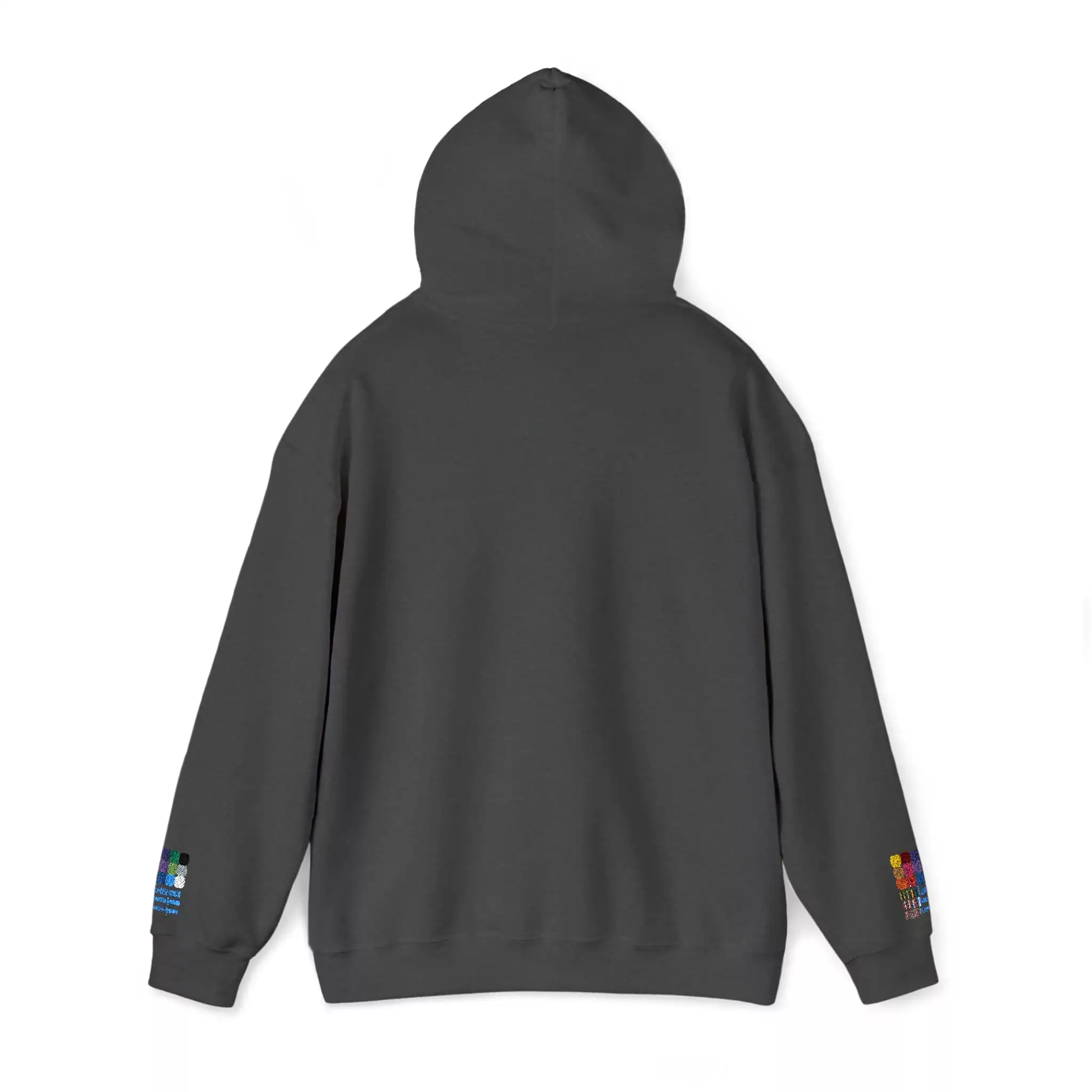 2930416519775613301_2048.webp Dark gray hoodie with colorful pixel art on sleeves, front view.