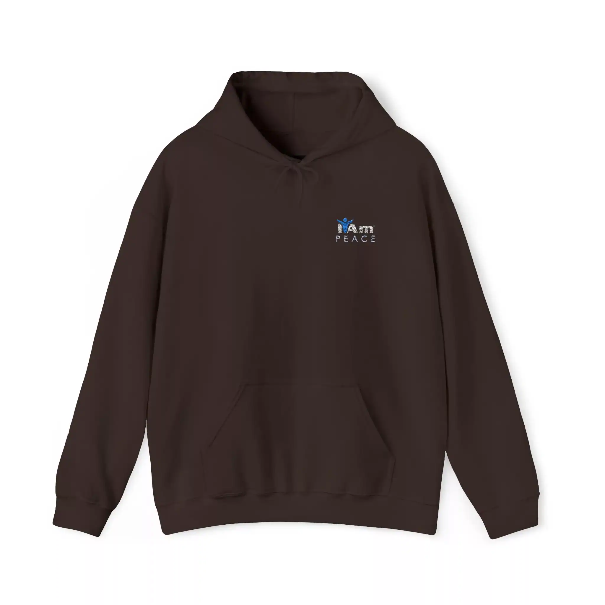 4680932654903711307_2048.webp Dark hoodie with 'I Am Peace' embroidery and dove logo on chest.