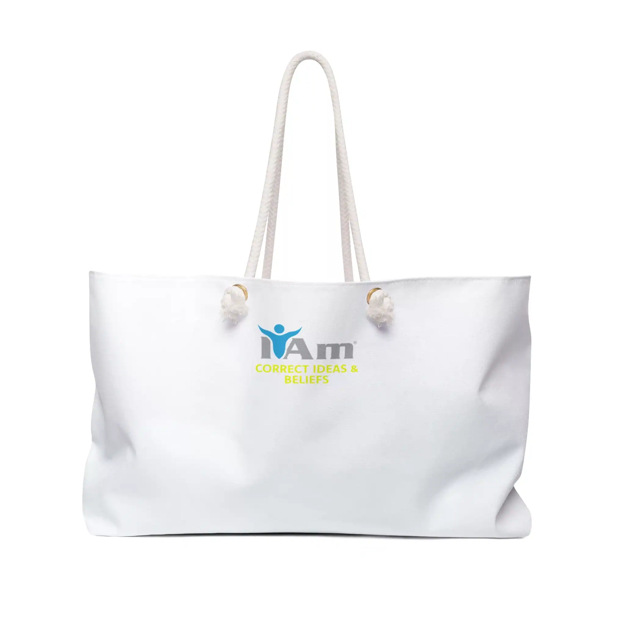 White canvas tote bag with 'Correct Ideas & Beliefs' logo and handles.