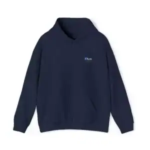 Navy blue hoodie with 'I Am' embroidered logo on chest.