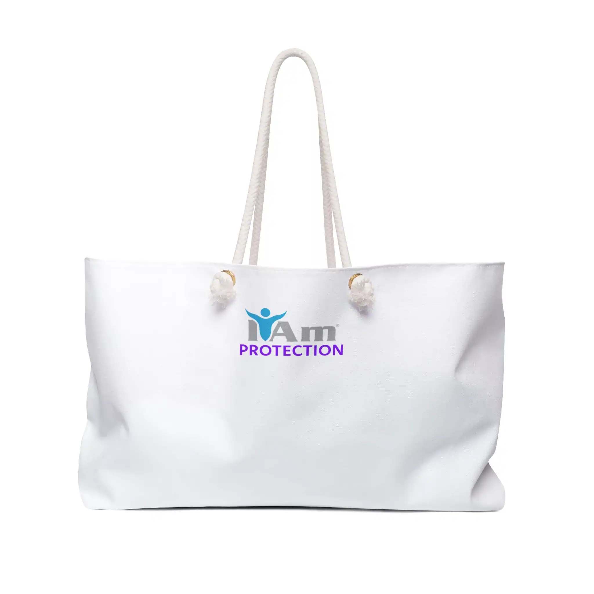 White canvas tote bag with 'I Am Protection' logo for travel and protection.