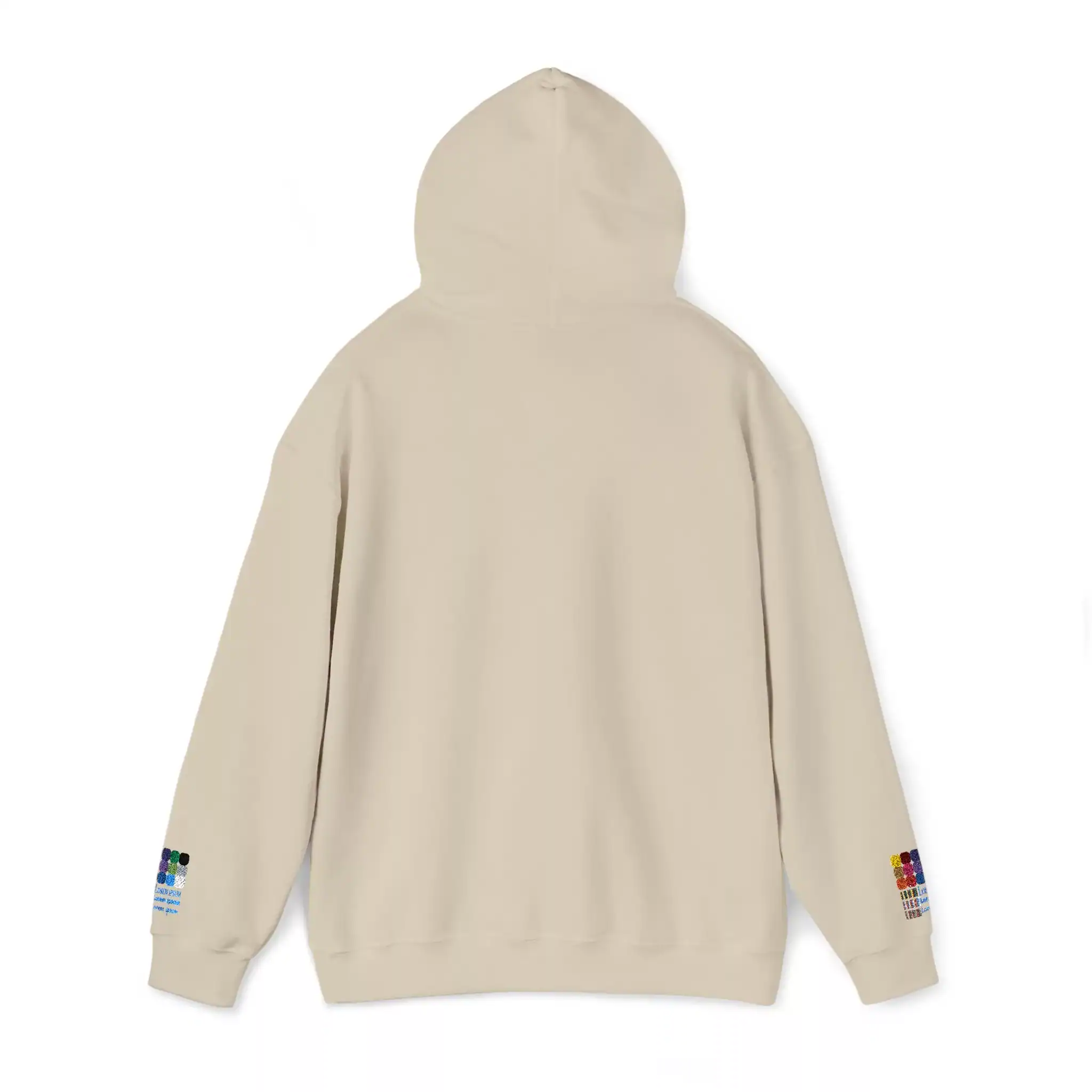 8420927105067590105_2048.webp Cream-colored hoodie with colorful patch details on sleeves.