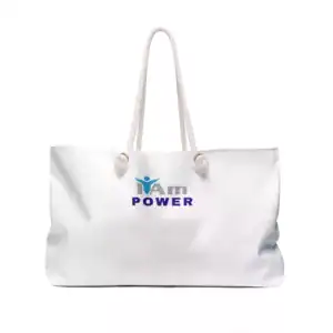 White canvas tote bag with 'I Am Power' logo and rope handles for travel or daily use.