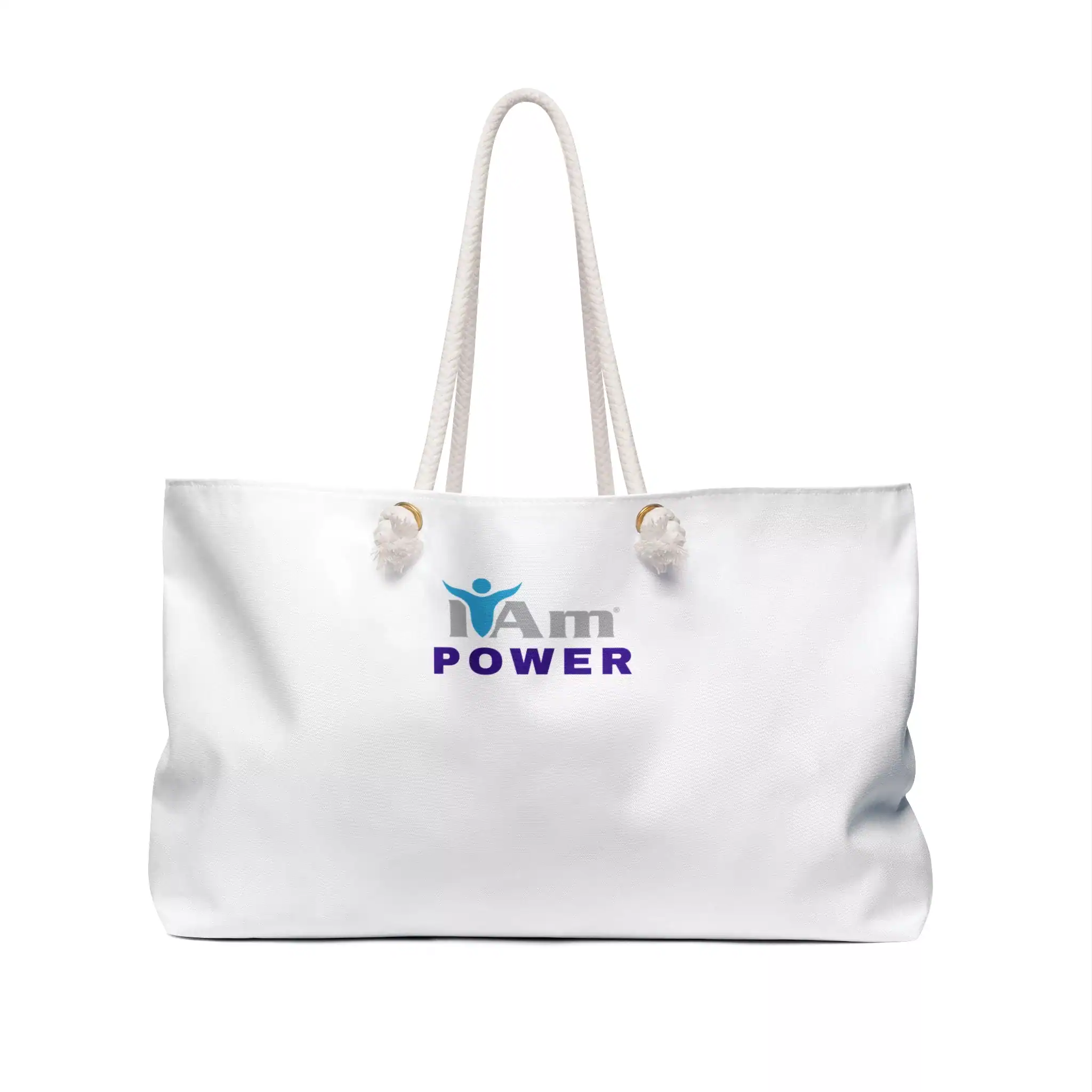 8504449715949835357_2048.webp White canvas tote bag with 'I Am Power' logo and rope handles for travel or daily use.